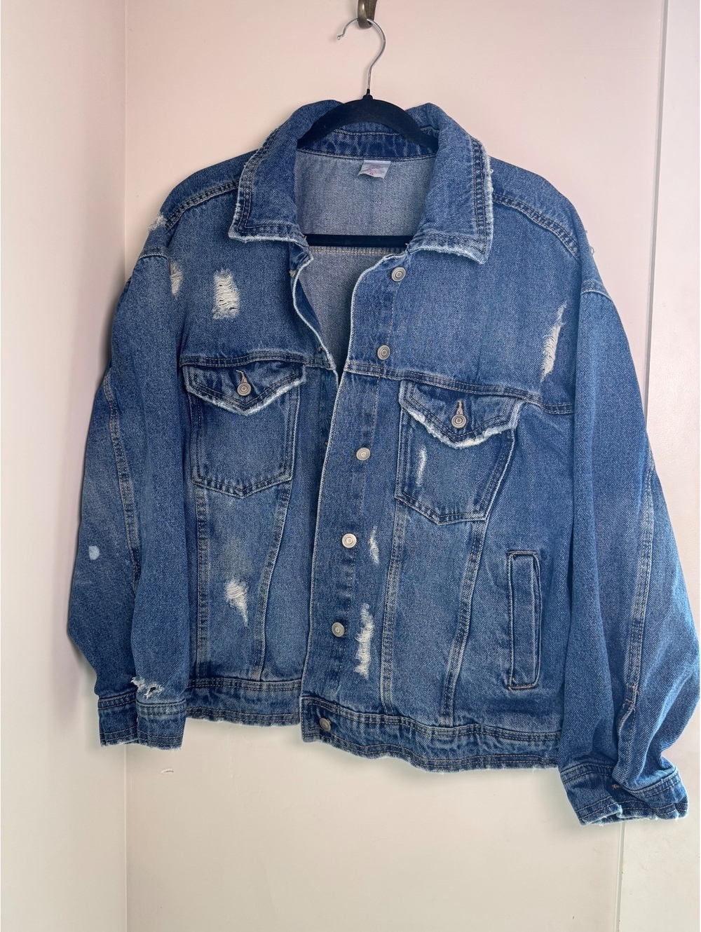 No Boundaries Women's Blue Distressed Denim Jacket- Size XL